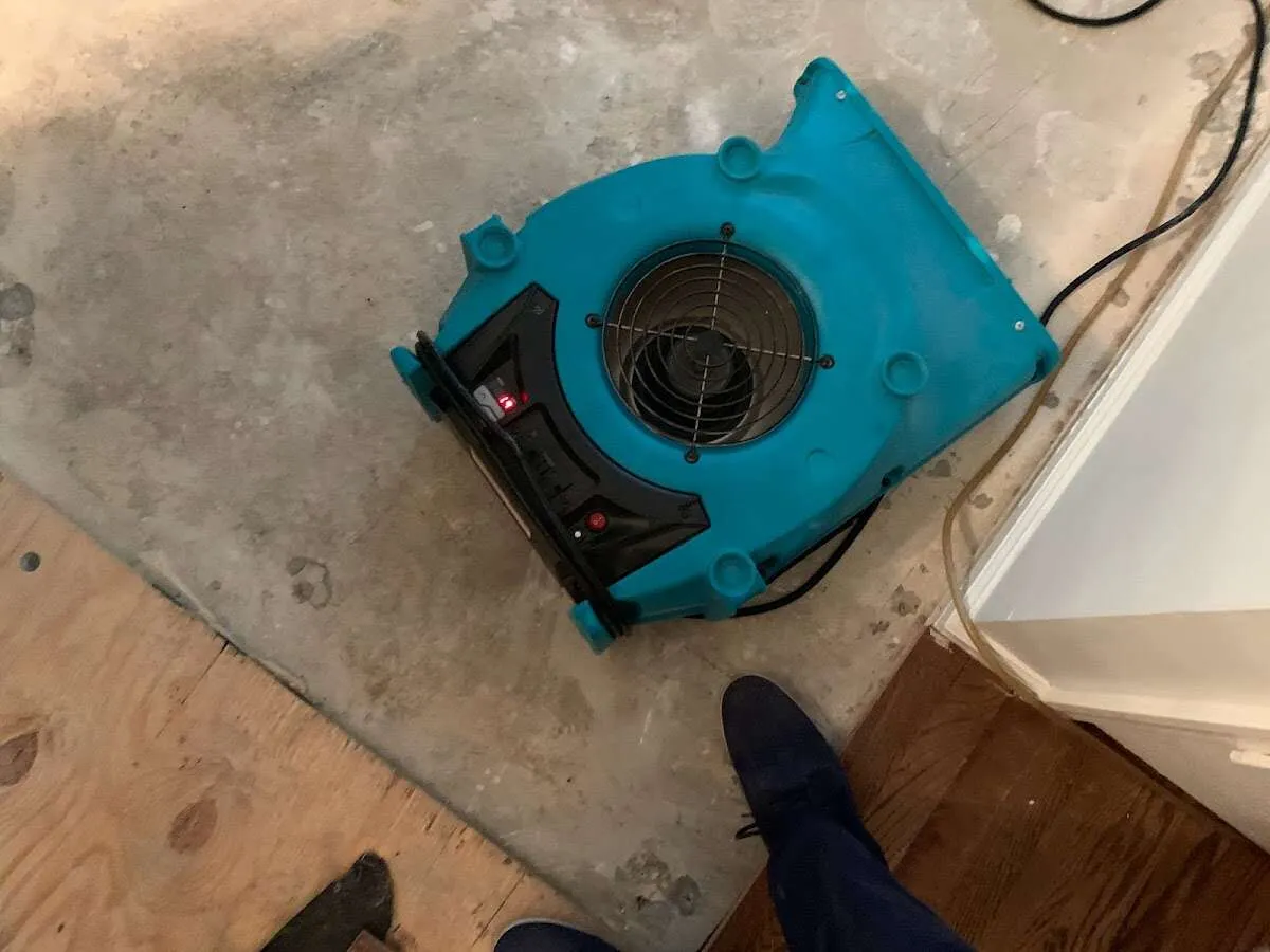 Air mover drying subfloor during Leak Detection & Repair in Virginia Beach